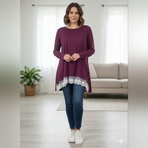 Chic Plum Lace Trim Women's Tunic